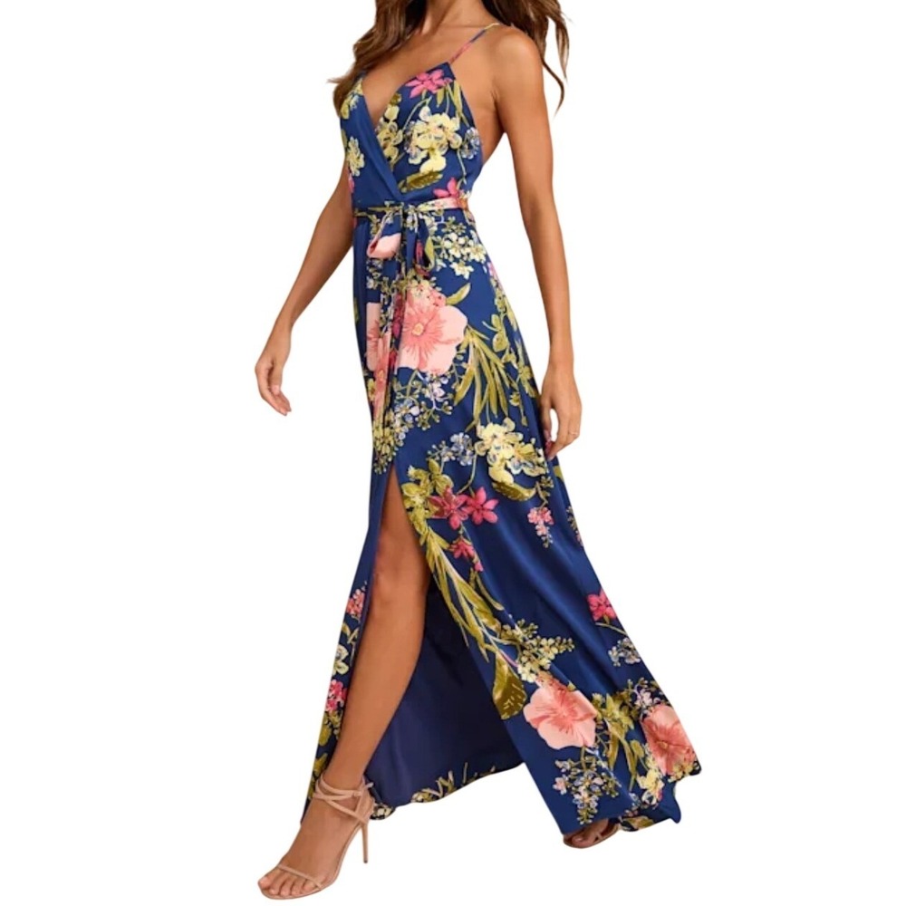 NEW Lulus Still the One Blue Floral Print Satin Maxi Dress M *MISSING BELT*